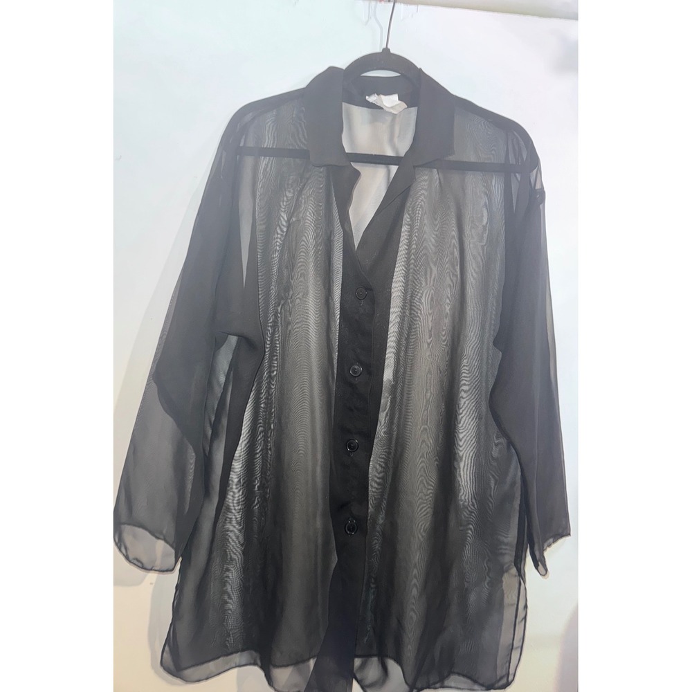 Moda International Black Sheer Button Down Shirt Oversized One Size Made in USA